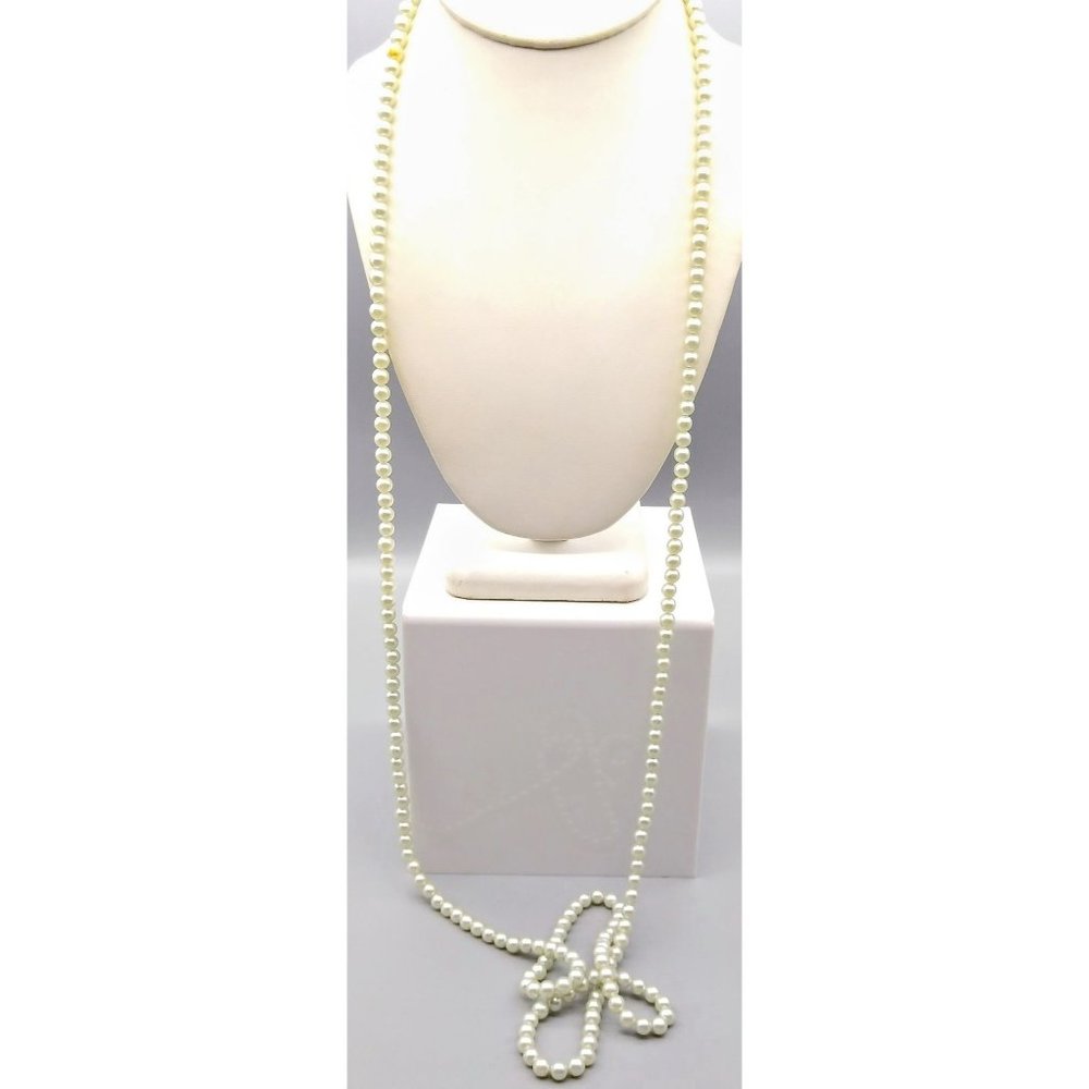 Xtra Long Vintage Faux Pearl Necklace, White Strand Flapper Length Classic Beads